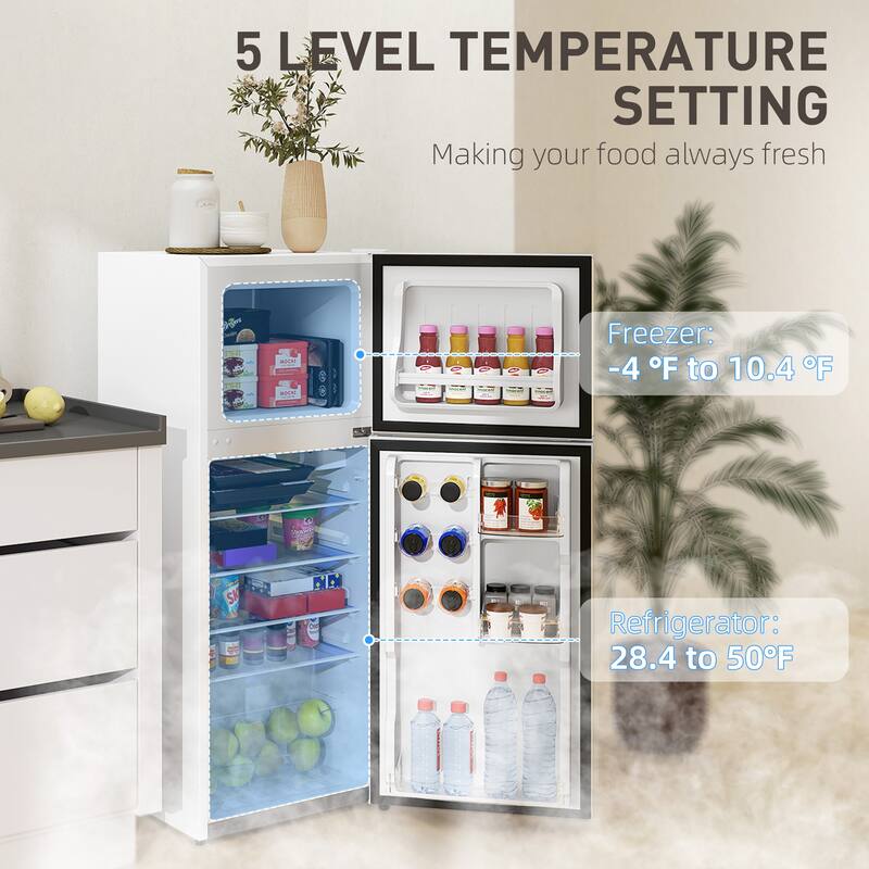 HOMCOM 4 Cu.Ft Mini Fridge with Freezer, Double Door Compact Refrigerator with Adjustable Thermostat for Bedroom