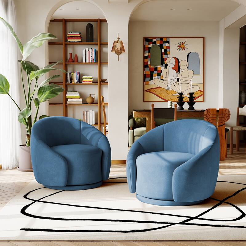 34" Wide 2 Set Velvet/ Boucle Barrel Swivel Chair