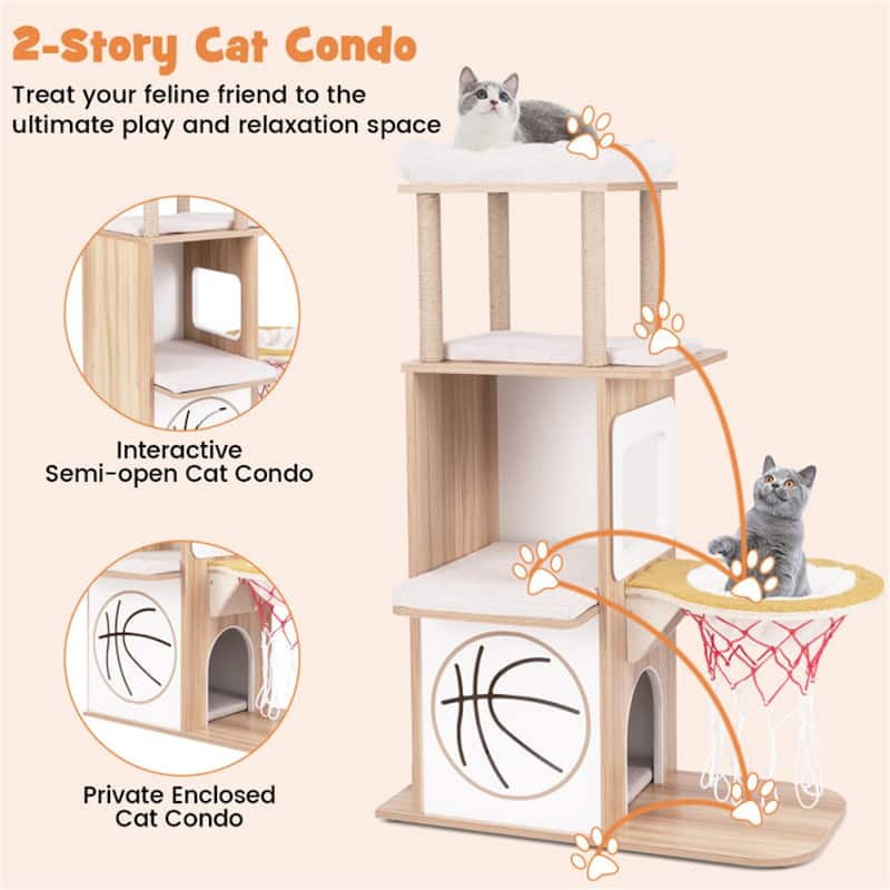 47-Inch Wooden Cat Condo with 2-Story Design, Luxury Perches, Soft Cushions & Natural Jute Scratching Posts - 31" x 15" x 47"