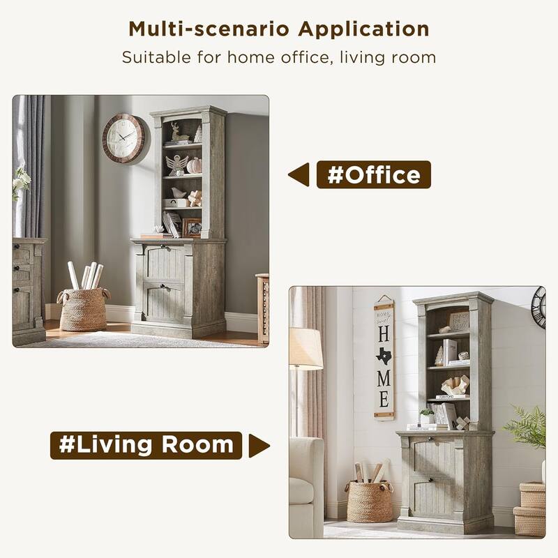 Farmhouse Bookcase with 2 File Drawers, 72" Tall Wooden Bookshelf