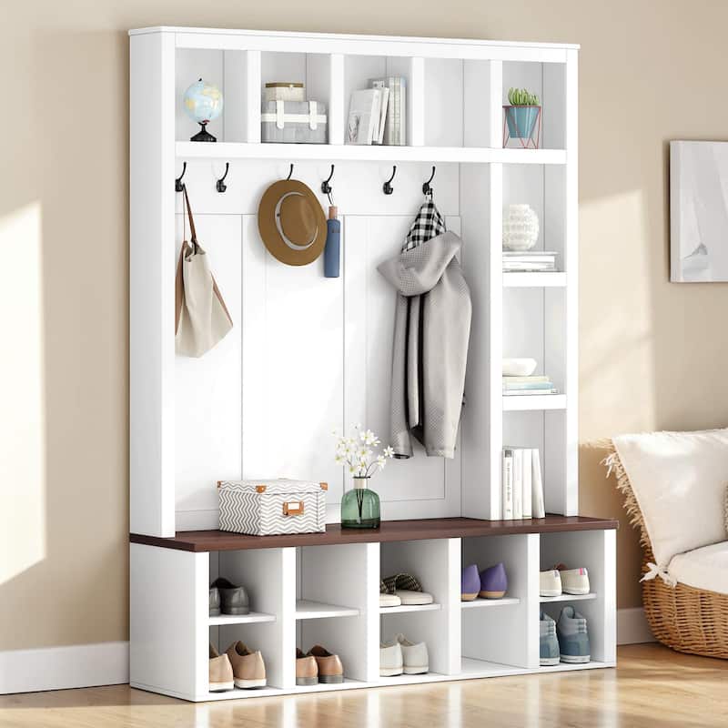 Farmhouse Entryway Hall Tree with Coat Rack, 13 Cubbies Shoe Storage, Adjustable Shelves & Walnut Bench