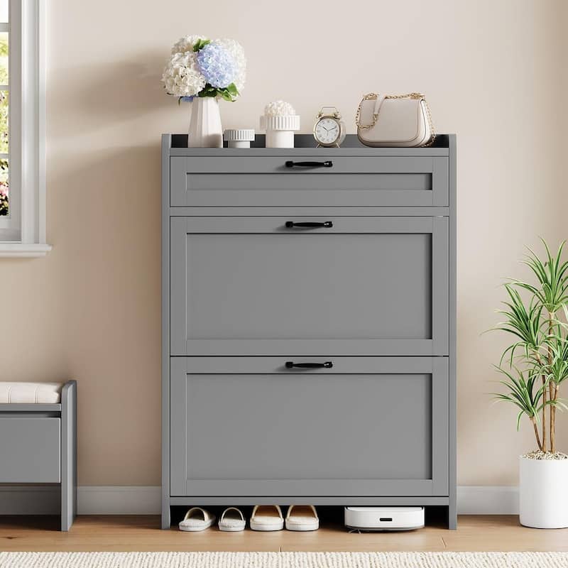 Freestanding Shoe Storage Cabinet Organizer with 2 Flip Drawers for Entryway Hallway Living Room - Grey
