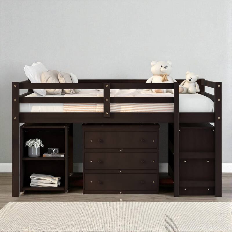 Twin/Full Size Low Loft Bed with Cabinet, Rolling Desk and Bookshelf, Solid Wood Frame for Kids