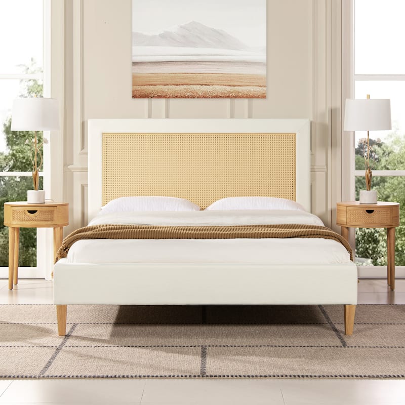 Haley Upholstered Rattan Cane-Back Platform Bed
