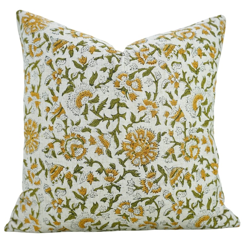 Fabdivine Soft Pillow Cover Shape Floral Block Print for Hotel Couch Spring Guest Room Blue Farmhouse, Mohini - Pushaplata- Yellow, Green - 26" x 26"