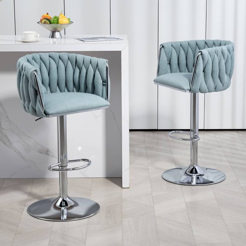 Fabric Cover Swivel Bar Stools Set of 2, Counter Height Chair with Back and Footrest, Dining Room Chair with Metal Frame - Blue