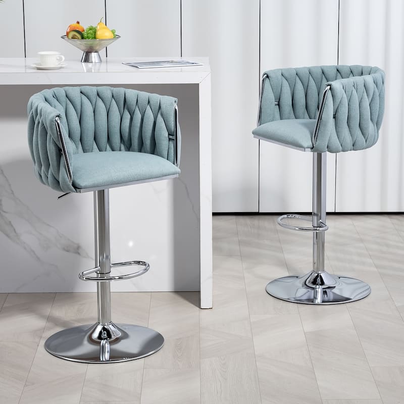 Swivel Bar Stools Set of 2 Adjustable Woven Back Footrest Silver Chrome - Blue