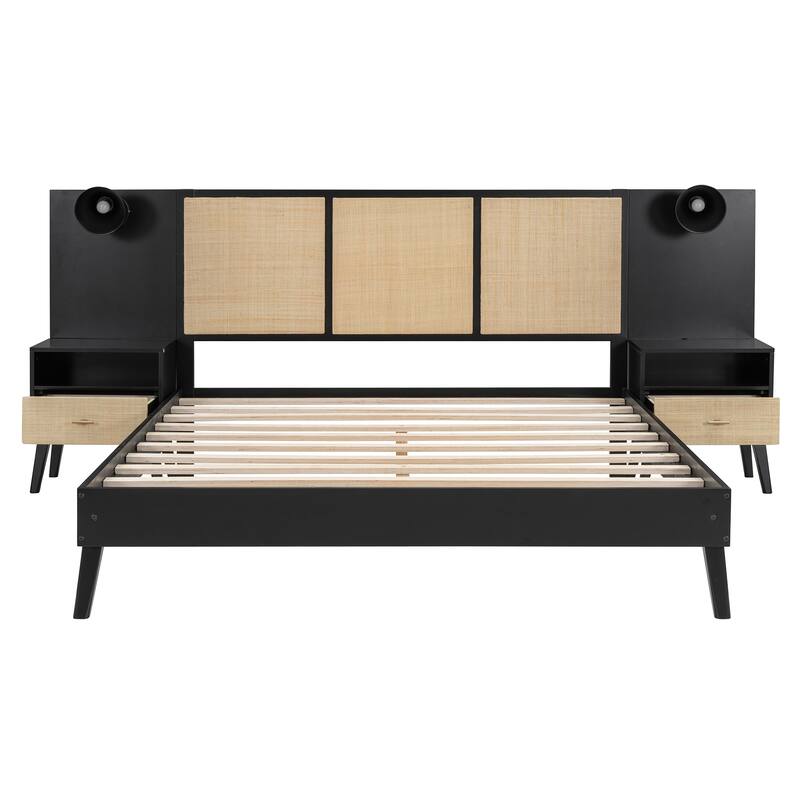 Queen Size Bed Frame, Nightstands & Headboard 3 in 1 Slats Platform Bed with Drawers and Lamps, Rattan Design for Bedroom