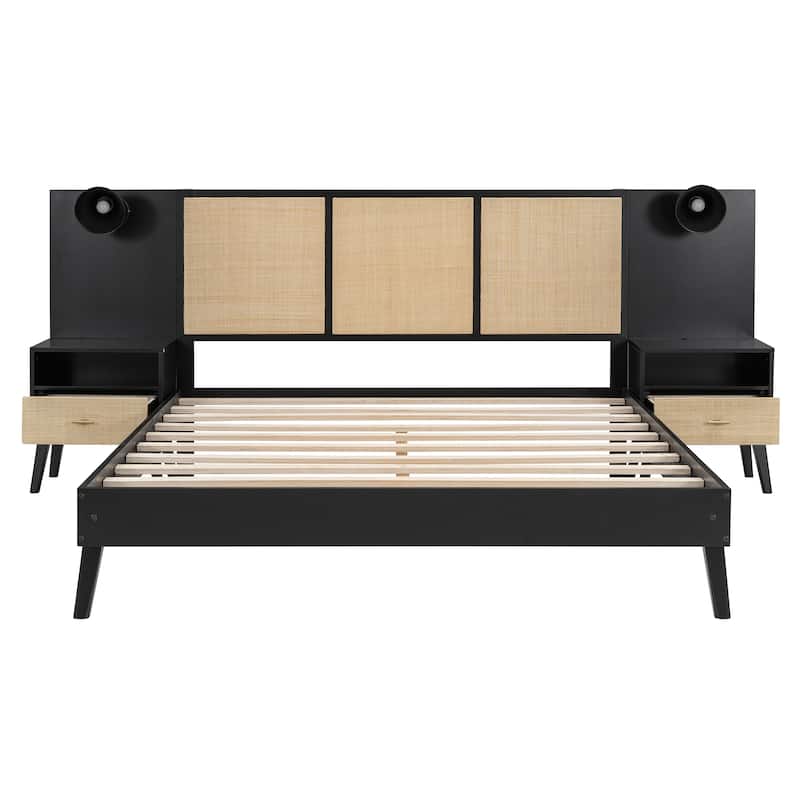 Queen Size Platform Bed with 2 Nightstands and 2 Lamps, Wooden Bed Frame with Elegant Rattan Headboard and Wood Combination