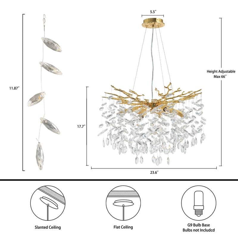 KAYLA 23.6" 9-Lights Gold Luxury Crystal Globe Chandelier, Modern Branch Chandelier for Dinning Room, Kitchen, Living Room