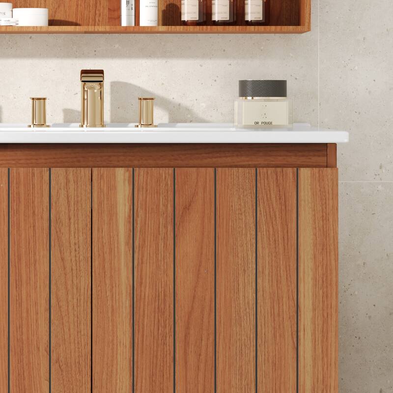 Roomfitters 30" Modern Bathroom Vanity with Ceramic Sink, Minimalist Cabinet with Vertical Stripe Design, Antique Natural