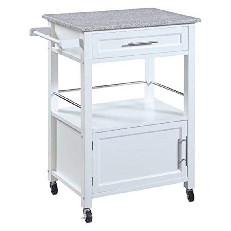 Kitchen Island Cart with Granite Top, Towel Bar & Locking Wheels - Rustic Ranch Storage Island - White MDF & Metal