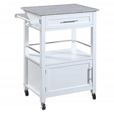 Kitchen Island Cart with Granite Top, Towel Bar & Locking Wheels - Rustic Ranch Storage Island - White MDF & Metal