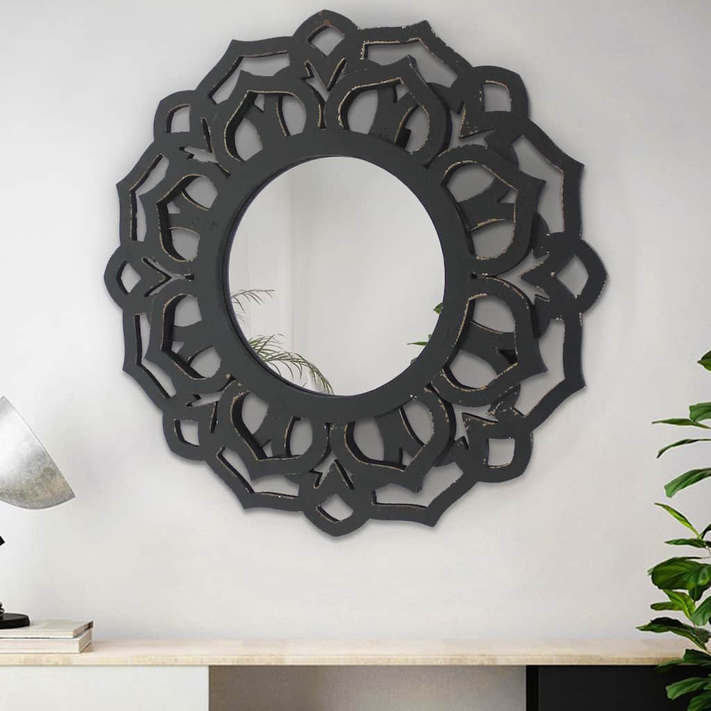 Wooden Mirror Blooming Lotus Wall Decor Set of 2 with Floral Engraving, Black