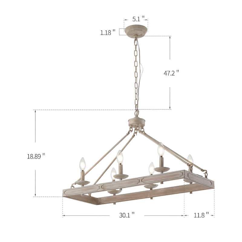 6 - Light Wood Like Antique Metal Kitchen Island Rectangle Pendant Lamp Chandelier - Milk White