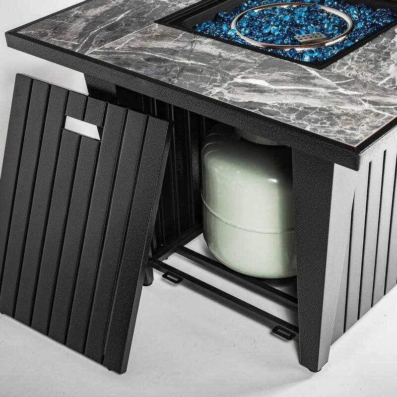 GDFStudio - Callahan 42" Steel Outdoor Fire Pit Table with Marble Tile Top, Glass Wind Guard & 50,000 BTU Flame