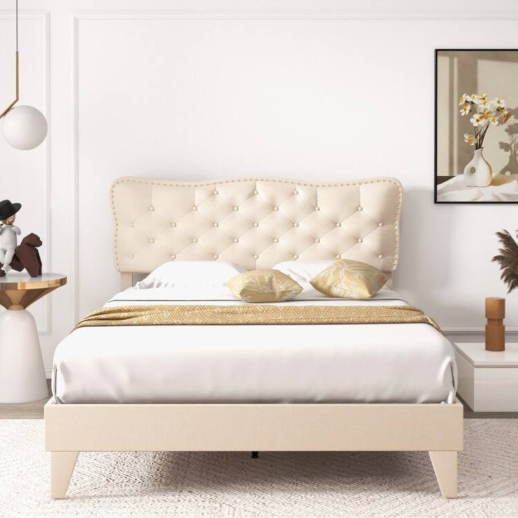 Bed Frame with Nail Headboard and Wooden Slats