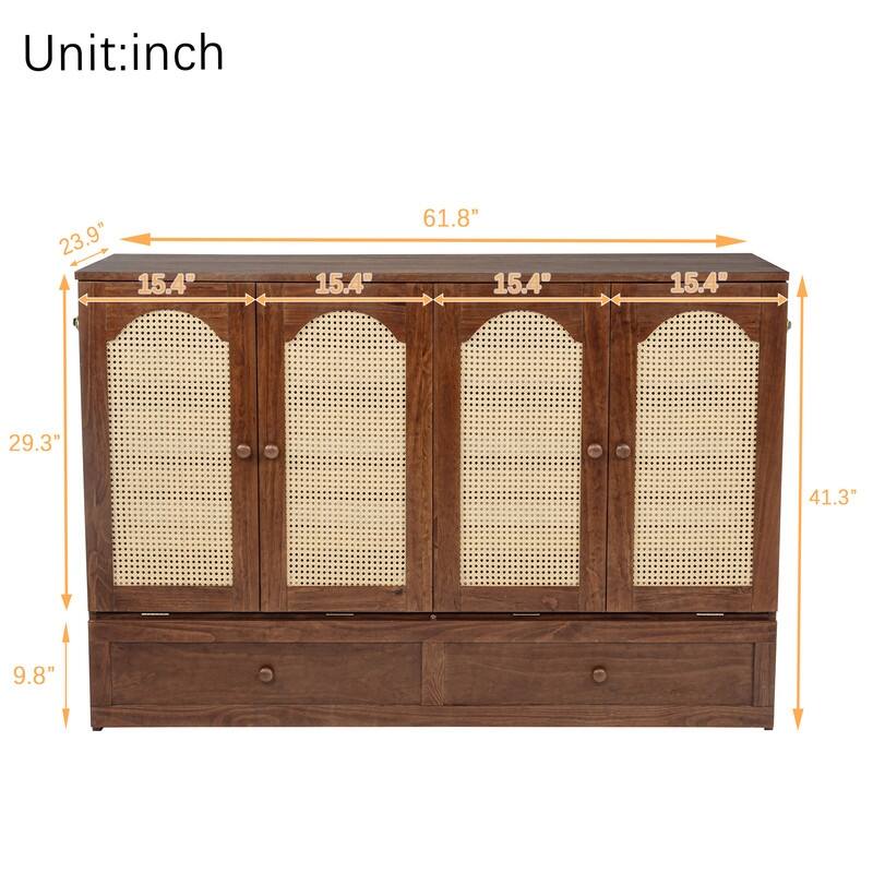 Murphy Bed Cabinet with Large Storage Drawer, Wood Hideaway Wall Bed Frame with USB Ports, Rattan Decoration Panel
