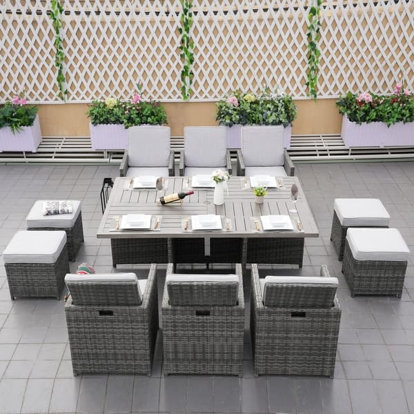 slide 2 of 18, 11-Piece Patio Wicker Aluminum Dining Table Set w/ Chairs and Ottomans