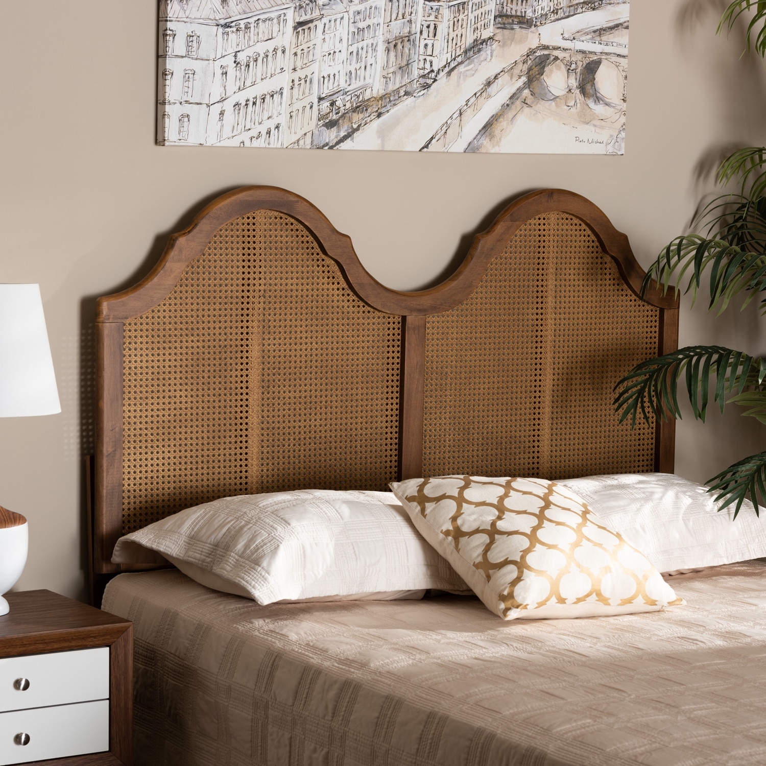 Traditional Arch Headboard - Full Size Wood & Rattan Frame - Bedroom Bed Frame Mount - Ash Walnut Finish