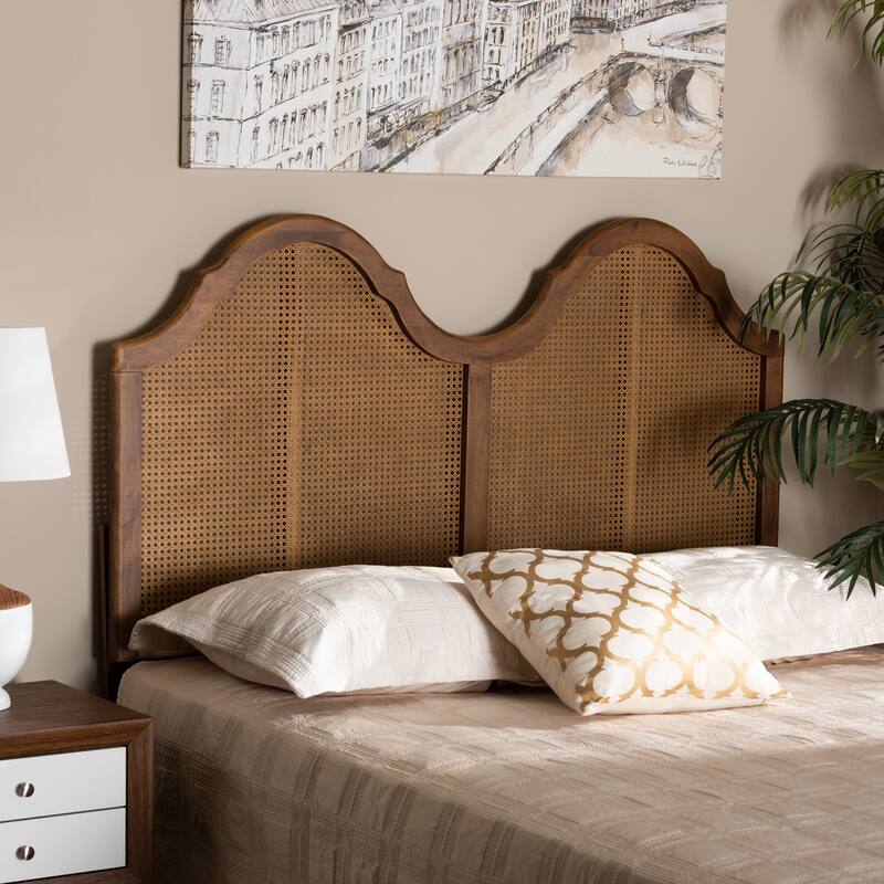 Traditional Arch Headboard - Full Size Wood & Rattan Frame - Bedroom Bed Frame Mount - Ash Walnut Finish