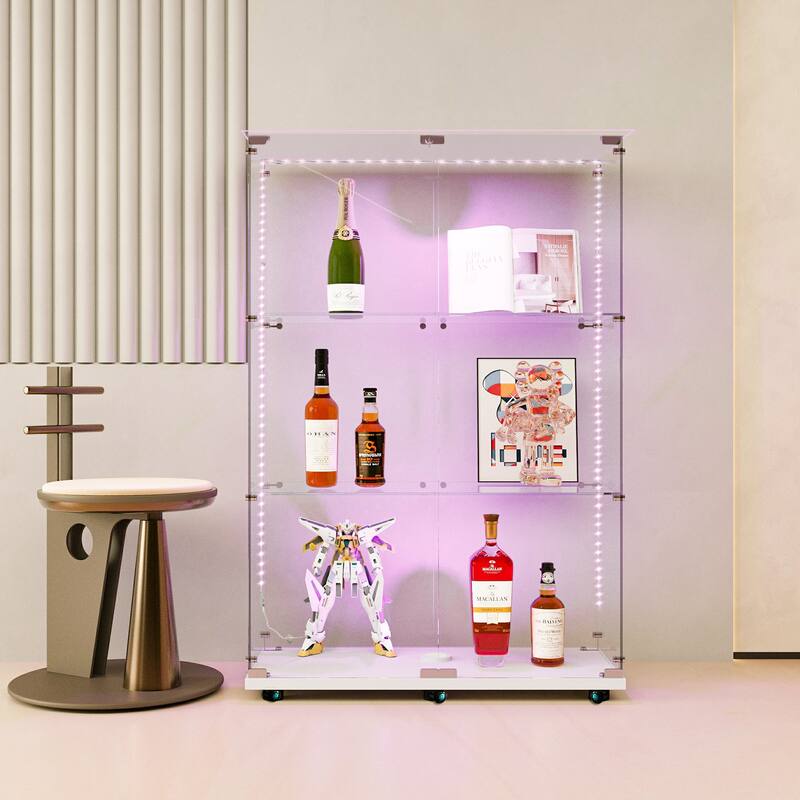 Tempered Glass Display Cabinet, File Cabinet, Tempered Glass Top, Bluetooth LED Light Strip, with Door Lock