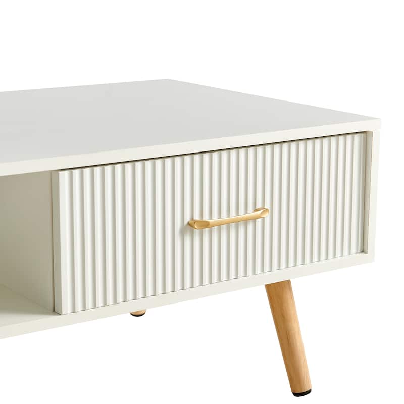 Rectangle Coffee Table with Solid Wood Legs, Sliding Drawer for Storage, Modern Table