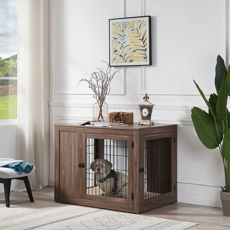 Unipaws Dog Crate End Table with Cushion Indoor Use - Large, Walnut