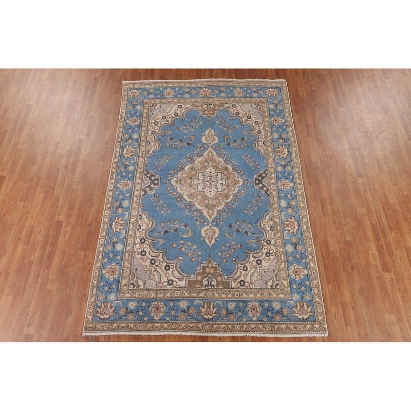 Traditional Blue Tabriz Persian Vintage Area Rug Handmade Wool Carpet - 6'4" x 9'8"