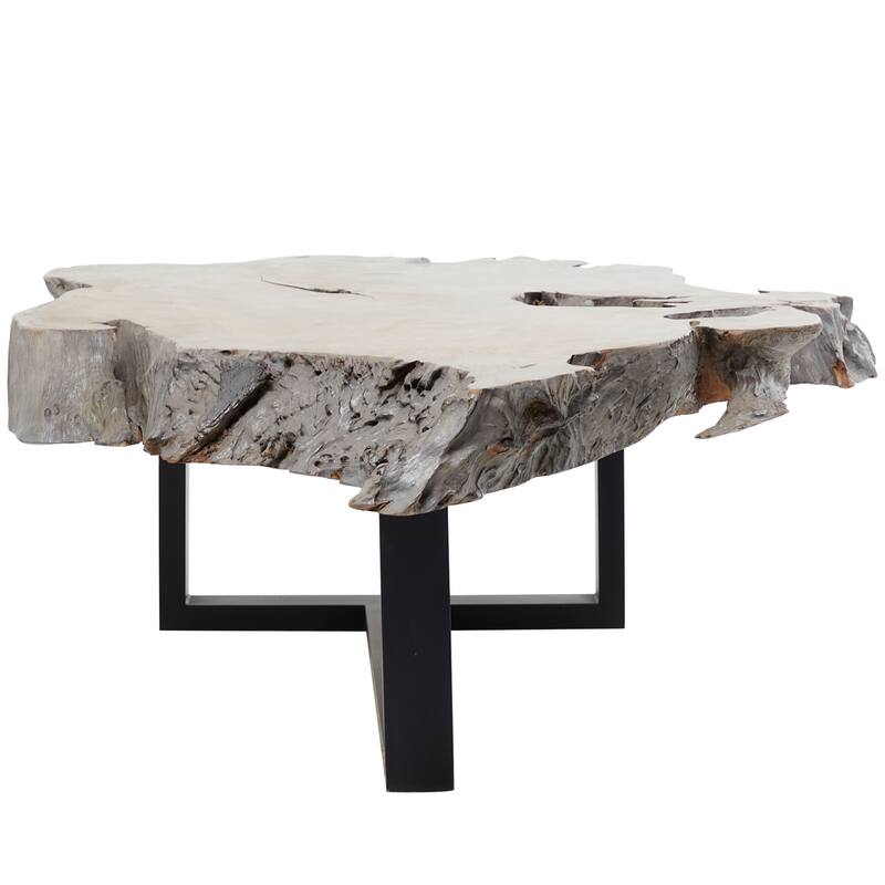 Teak Wood Handmade Live Edge Wood Slab Coffee Table with Black T Stand Base - Gray - Roche River Decor - 32"Wx50"Lx15"H