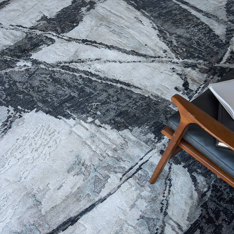 EXQUISITE RUGS Floor Art Hand-knotted Bamboo Silk Silvery/Dark Grey Area Rug.