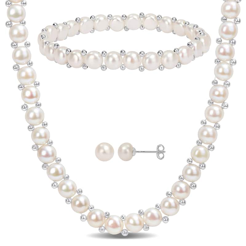 Miadora Freshwater Cultured Pearl Beaded Necklace, Earrings and Bracelet Set in Sterling Silver