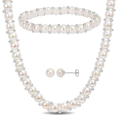 Miadora Freshwater Cultured Pearl Beaded Necklace, Earrings and Bracelet Set in Sterling Silver