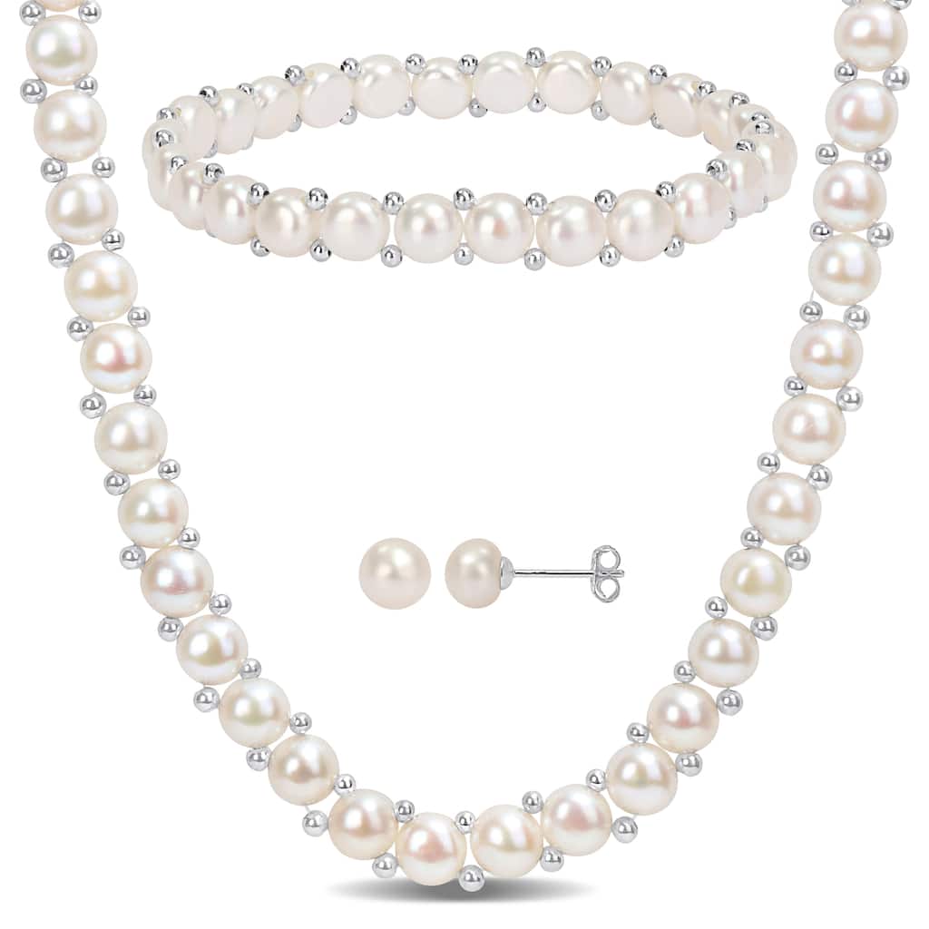 Miadora Freshwater Cultured Pearl Beaded Necklace, Earrings and Bracelet Set in Sterling Silver