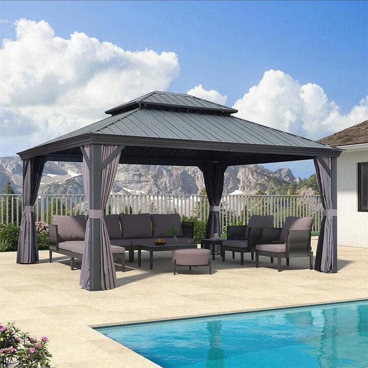 PURPLE LEAF Outdoor Galvanized Steel Hardtop Gazebo, Aluminum Frame Gazebo With Curtains - 13' x 15' - Gazebo Grey
