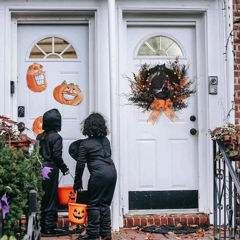 22" Halloween Black Cat, Owl Wreath for Front Door Decor - N/A