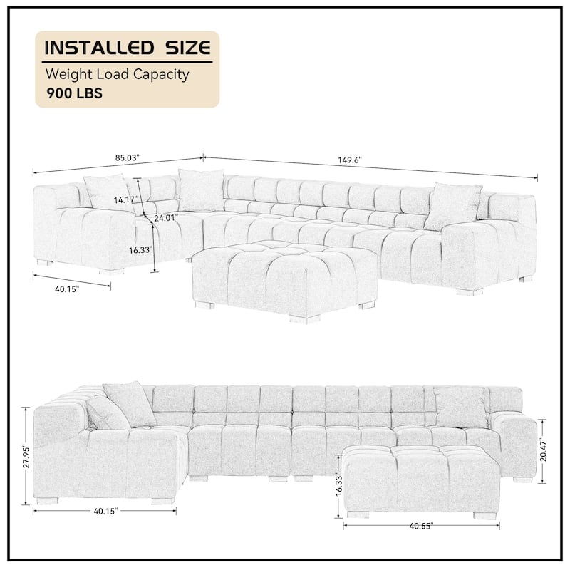 L Shaped Large Upholstered Fabric Couch Sectional Sleeper Sofa with Ottoman