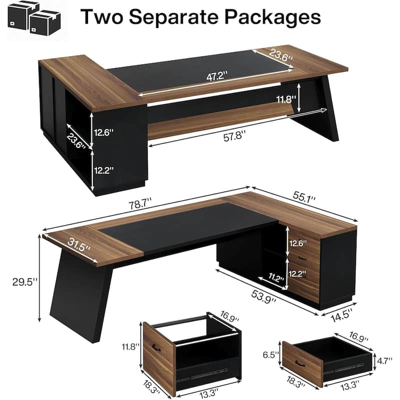 78.7-Inch L-Shaped Executive Desk Computer Desk with File Cabinet