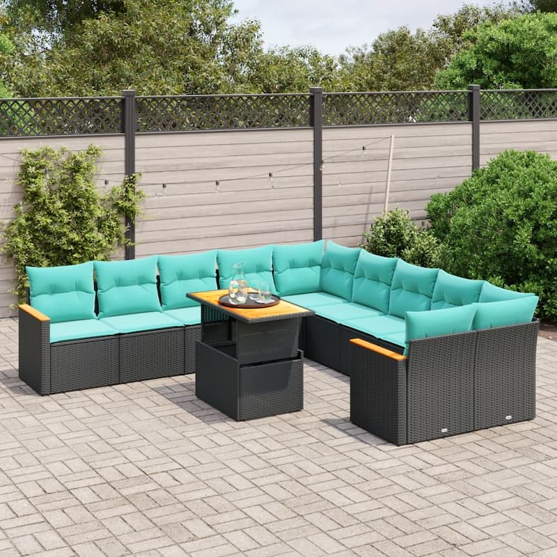 vidaXL Patio Sofa Set with Cushions Outdoor Furniture 11 Piece Poly Rattan - 24.4 x 24.4 x 27.2 - Black