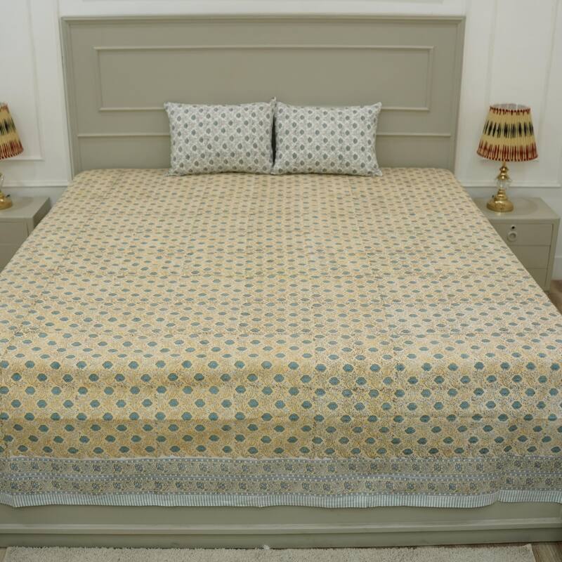 Fabdivine Handmade Block Print Flat Sheet or Bed Sheet Cotton Fabric Floral Home Decor - Khoobsurat- Yellow, Blue - California King