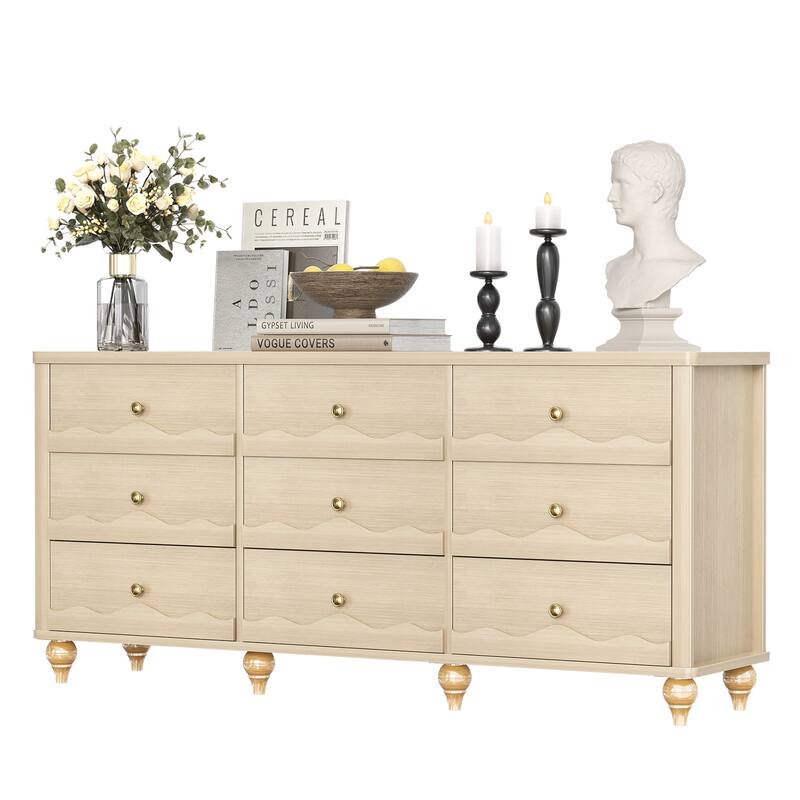 Narill Wave-Inspired 9-Drawer Dresser Closet Organizer, 63-In Chest of Drawers TV Stand - Natural