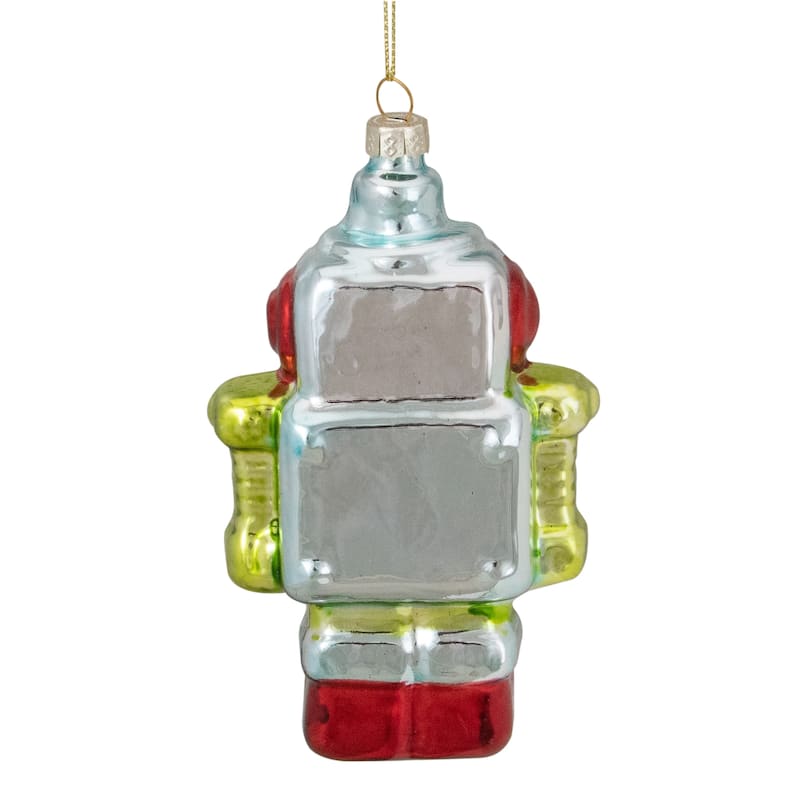 5" Silver and Green Robot Hanging Glass Christmas Ornament