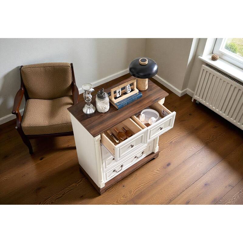 Farmhouse Rustic 5-Drawer Dresser Wooden Chest Storage Organizer with Base for Bedroom Living Room Durable Cabinet