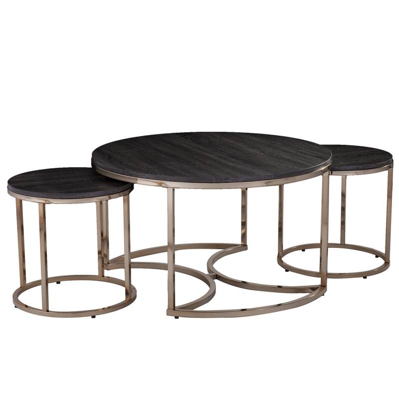 Modern Coffee Table Set of 3 Nesting Tables Wood and Metal Round Design - 32" x 32" x 18" - Champagne-Charcoal