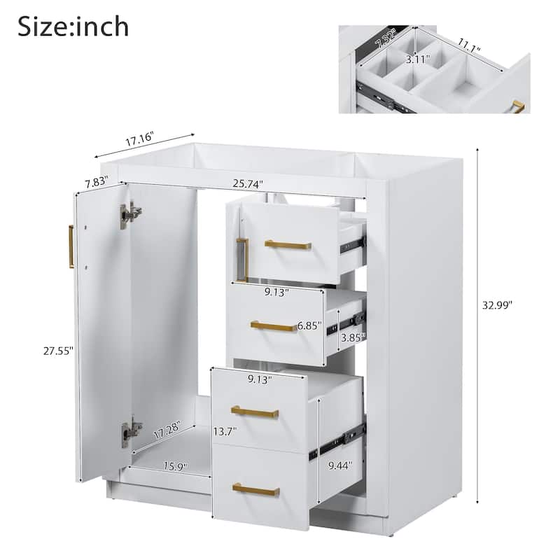 Bathroom Storage Vanity Base with 3 Drawers & Soft Closing Doors (Without Sink)