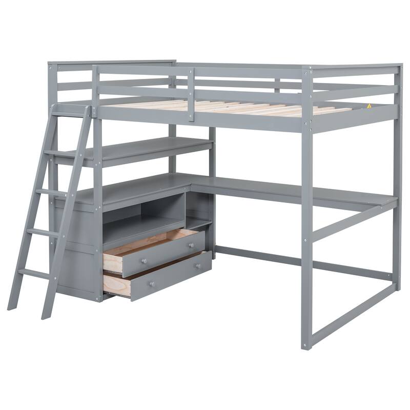 Twin Size Loft Bed with Desk, Shelves, and Drawers for Space Saving