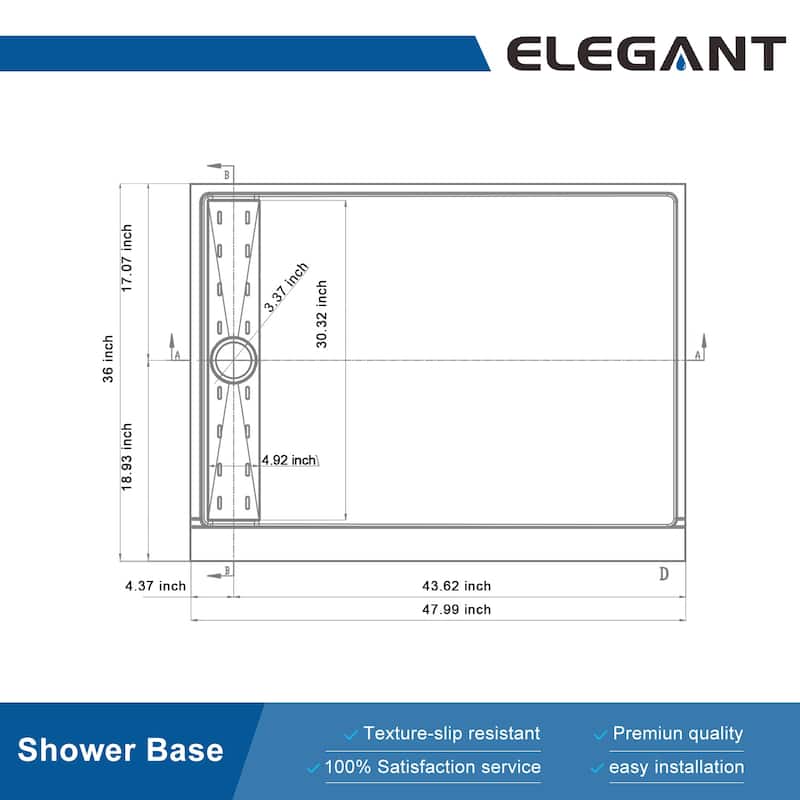 Elegant White SMC Shower Base Left Drain Rectangular Single Threshold Anti-slip Shower Pan
