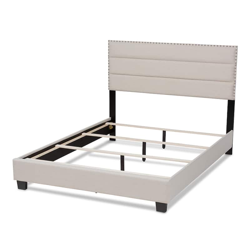 Full Size Bed Frame Upholstered Modern Beige Fabric Bed with Nailhead Trim & Sturdy Wood Frame