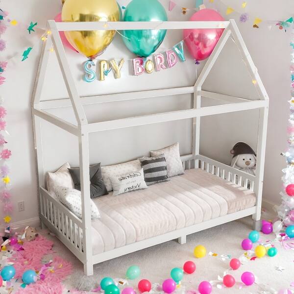 slide 2 of 17, Wood House-Shaped Twin Size House Bed Platform Bed with Guardrail and LED and Safety Guaranteed White