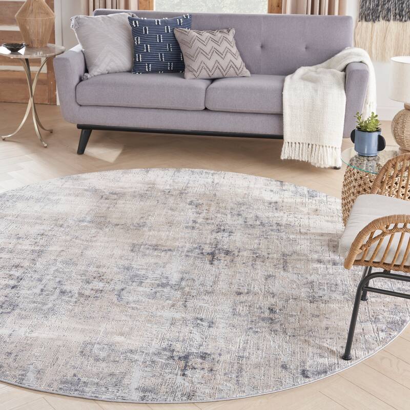 Rustic Textures Distressed Contemporary Abstract Area Rug - 5'3" Round - Grey - Runner/Rectangle